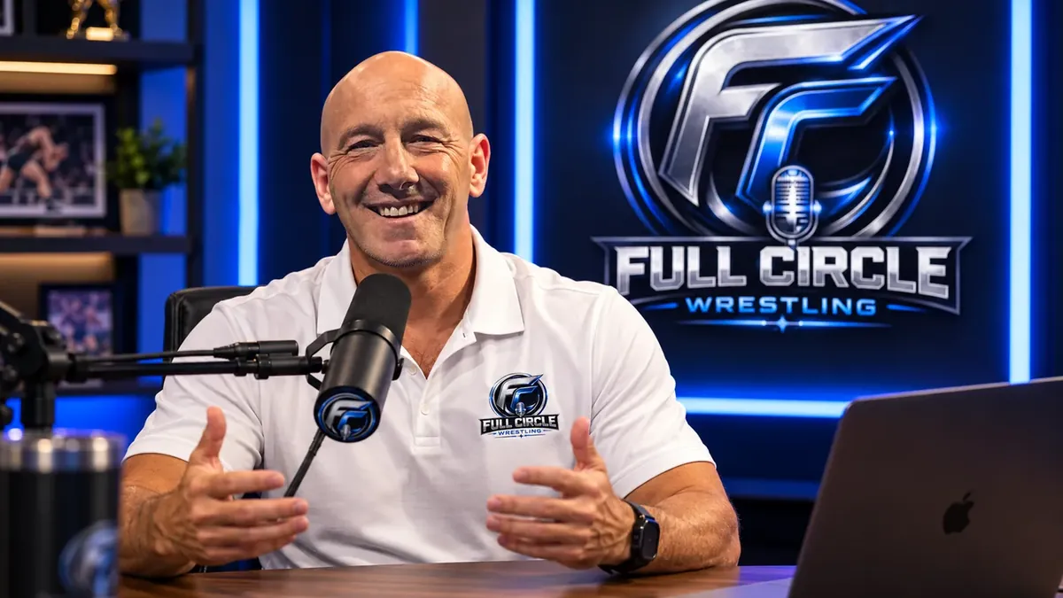Dale Hanover at the podcast microphone in the Full Circle Wrestling studio, with the FCW logo on the wall behind him.